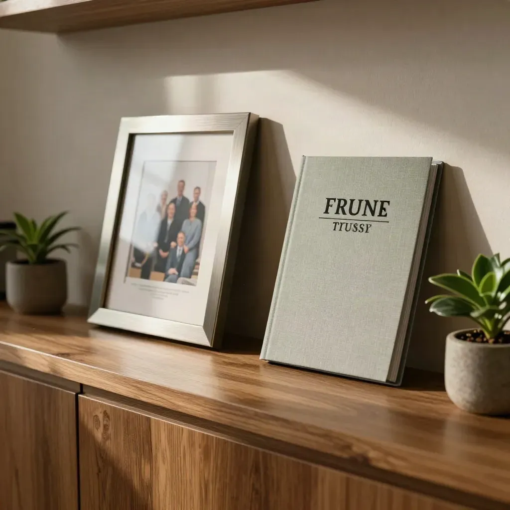 Warm office shelf with awards, blurred team frame, folder and plant in soft afternoon light.