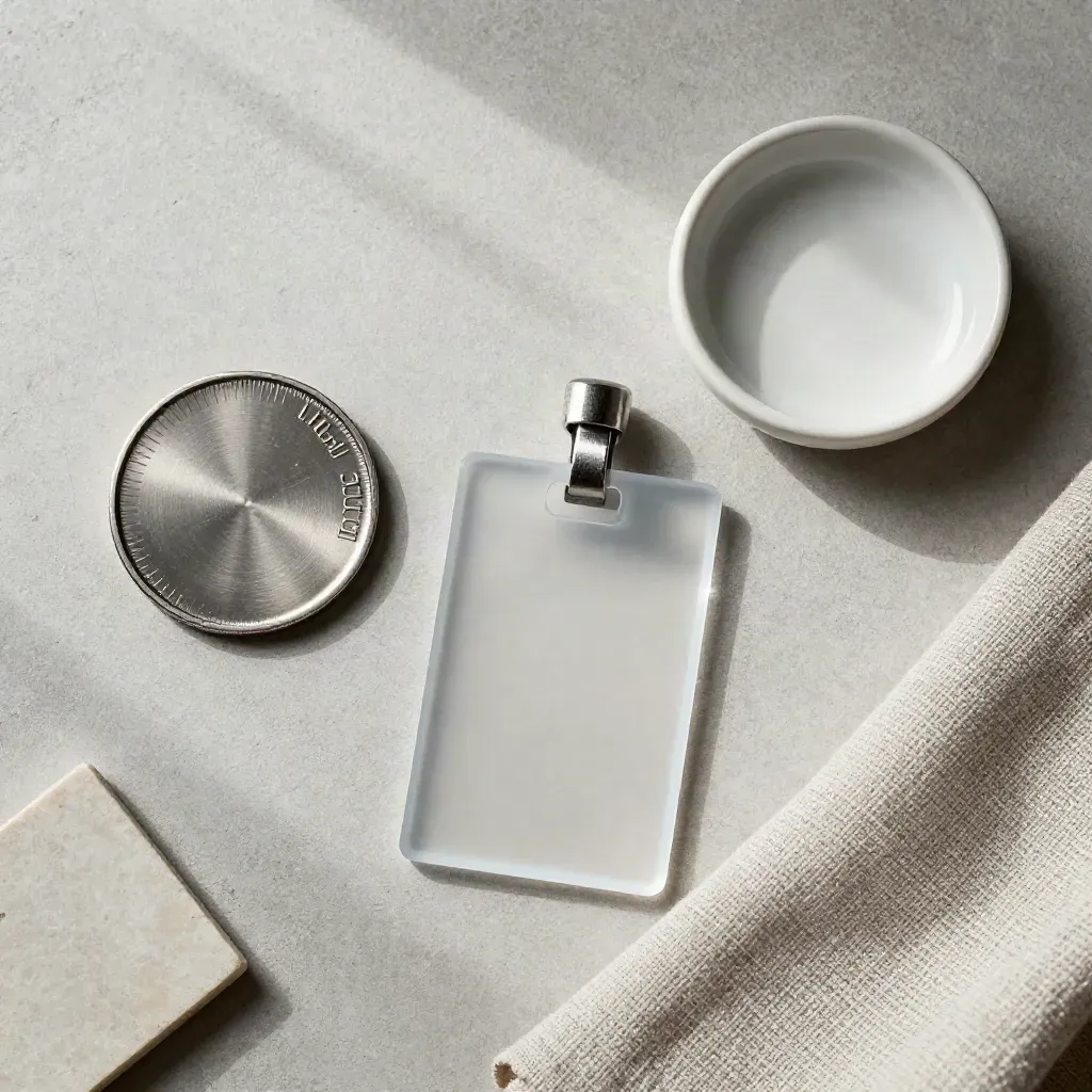 Overhead flatlay of a trust seal token, frosted badge, linen swatch and ceramic dish on pale concrete.