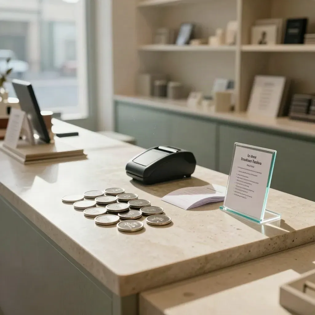 Boutique shop counter with trust badge tokens, card reader and folded receipt paper at opening.